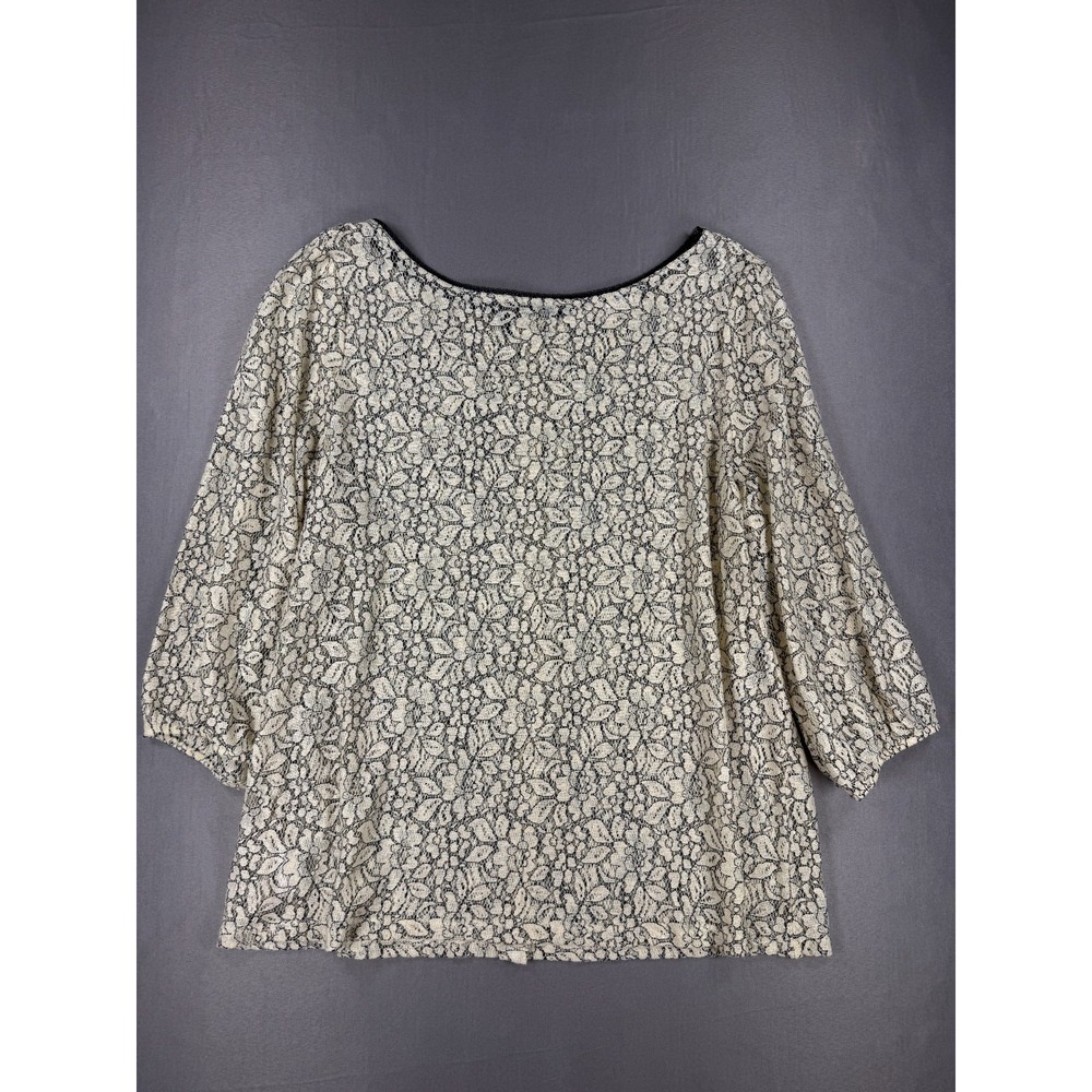 LOFT Lace Blouse Women's XL Cream Black Floral 3/4 Sleeve Sheer Top